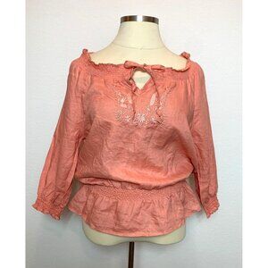 August Silk Options Pink Long Sleeve Linen Embroidered Blouse Size L